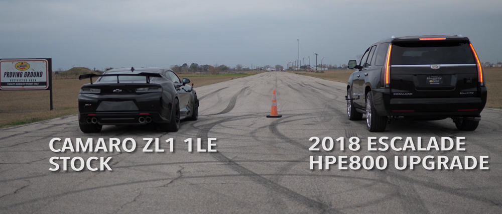 chevroletforum.com Chevrolet Camaro ZL1 1LE vs. Hennessey Cadillac Escalade HPE800