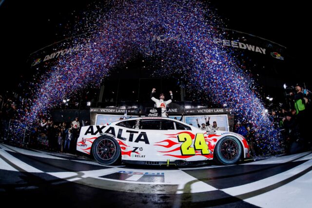 Team Chevy driver William Byron and the No. 24 Hendrick Motorsports Camaro ZL1 team celebrating their victory at the 2024 Daytona 500. (Photo by Harold Hinson/HHP for Chevy Racing)