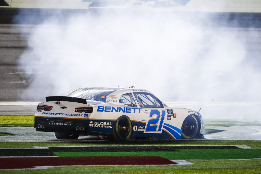 Austin Hill, driver of the No. 21 Richard Childress Racing Camaro SS, celebrating his victory at the NASCAR Xfinity Series season-opener at Daytona. (Photo by Harold Hinson/HHP for Chevy Racing)