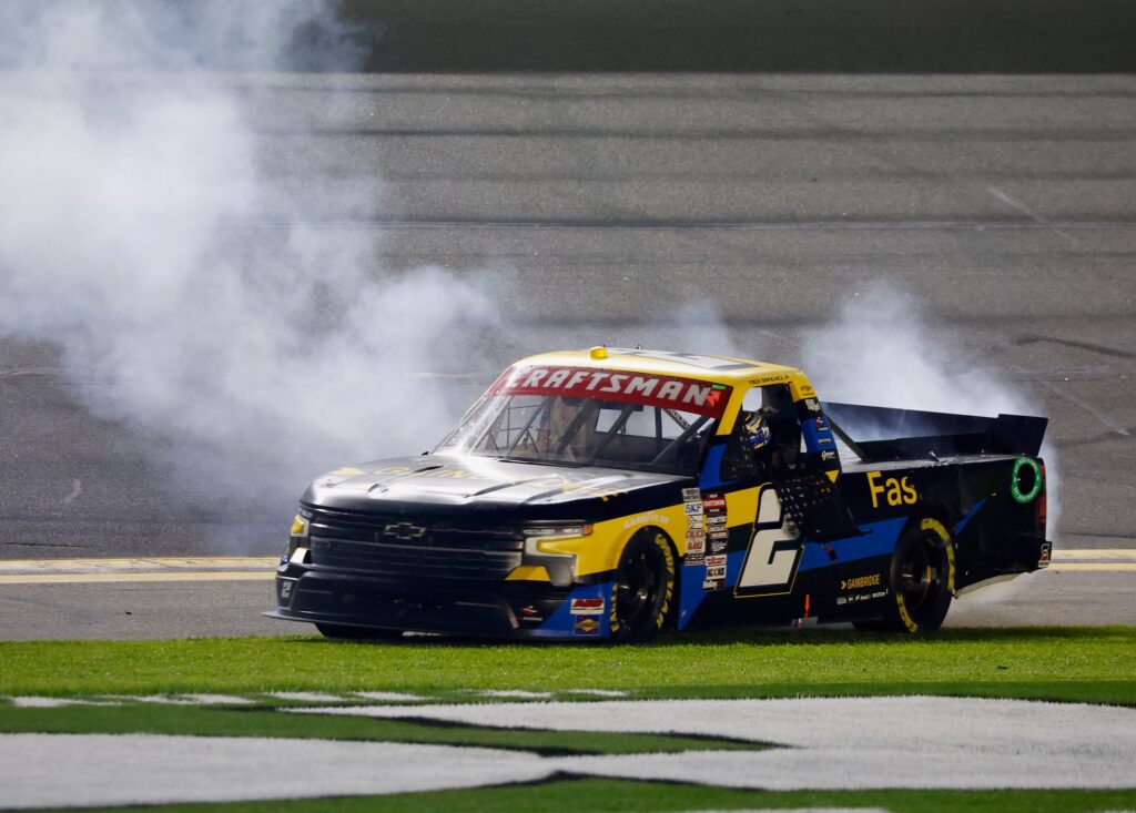 Nick Sanchez, driver of the No. 2 Rev Racing Silverado RST, celebrating his win at the NASCAR Craftsman Truck Series season-opener at Daytona. (Photo by Harold Hinson/HHP for Chevy Racing)