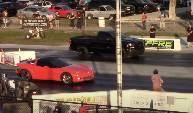 Chevy Silverado vs C6 Corvette Drag Race